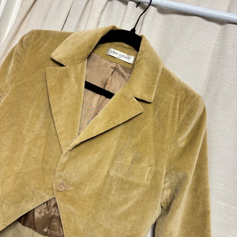 Clara Collins Paris Vintage Tan Cotton Velvet Pleated Peplum Blazer